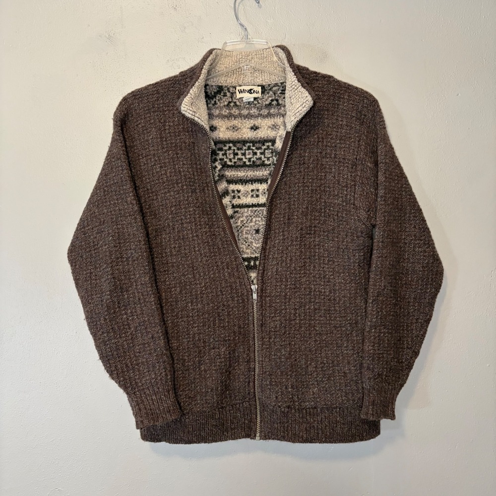 Vintage Winona Knits Wool Blend Full Zip Fleece Lined Sweater Brown Small USA